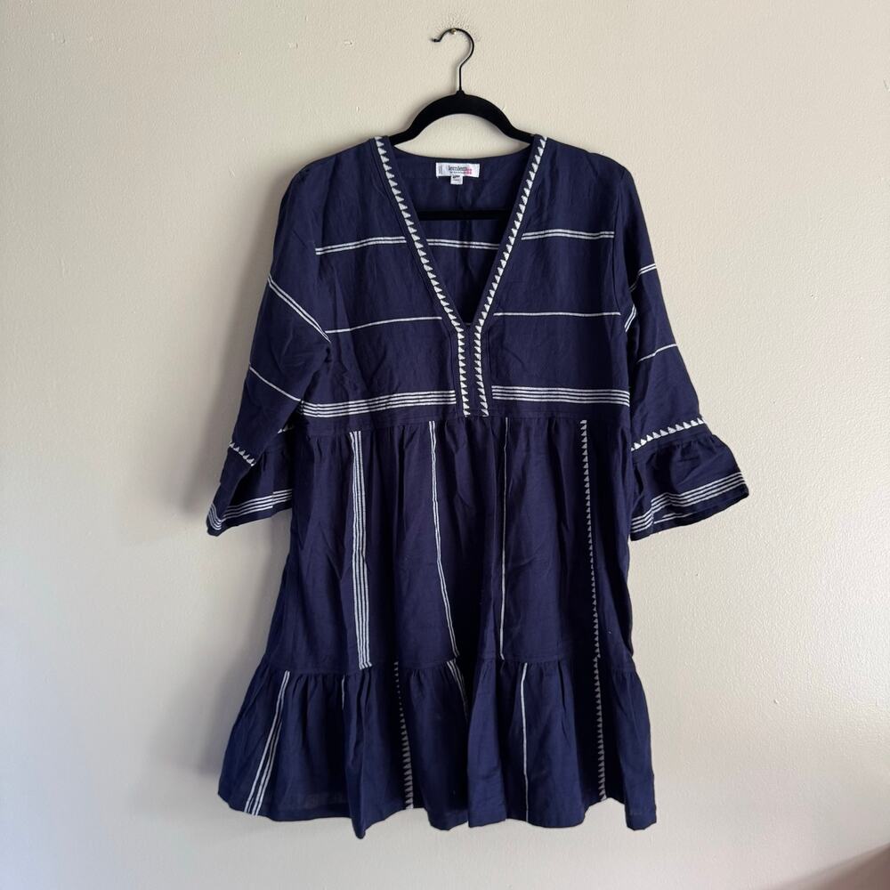 LemLem Navy Blue + White V Neck Tiered Boho Mini Dress Medium